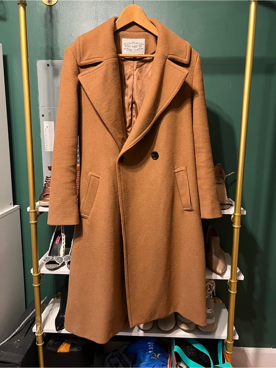 Pink Martini Jackets & Blazers - Pink Martini Tan Double-Breasted Wool Trench Coat